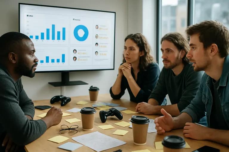 Development team reviewing launch timing on a shared screen