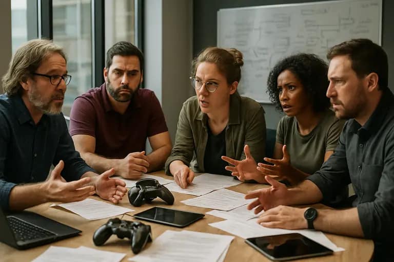 Game developers reviewing a simple puzzle prototype on a monitor