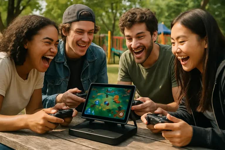 Group of players using different devices to play games together at home