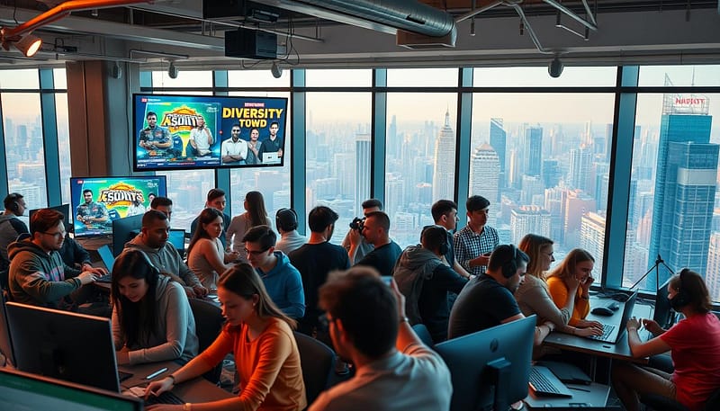A diverse group of gamers, streamers, and esports professionals gathered in a vibrant, modern workspace. The foreground features a mix of people of different ages, genders, and ethnicities, working together on laptops and gaming setups. In the middle ground, large screens display esports tournaments and diversity-focused events. The background showcases panoramic windows overlooking a bustling city skyline, bathed in warm, natural lighting. The atmosphere conveys a sense of collaboration, inclusivity, and the advancement of the esports industry's diversity initiatives. A diverse group of gamers, streamers, and esports professionals gathered in a vibrant, modern workspace. The foreground features a mix of people of different ages, genders, and ethnicities, working together on laptops and gaming setups. In the middle ground, large screens display esports tournaments and diversity-focused events. The background showcases panoramic windows overlooking a bustling city skyline, bathed in warm, natural lighting. The atmosphere conveys a sense of collaboration, inclusivity, and the advancement of the esports industry's diversity initiatives.