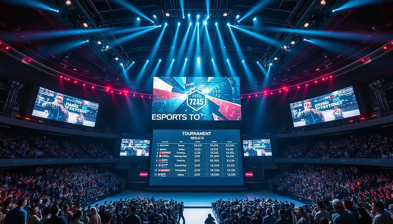 A grand esports tournament backdrop, with a sleek, futuristic arena illuminated by vibrant spotlights. In the foreground, a large display showcases the tournament results, presented in a minimalist, data-driven style with clean typography and sharp infographics. The middle ground features a crowd of enthusiastic spectators, their faces aglow with the excitement of the event. In the background, towering video screens showcase highlights of the matches, capturing the intensity and skill of the competing players. The overall scene conveys a sense of high-stakes competition, technological sophistication, and the electric atmosphere of a major esports tournament. A grand esports tournament backdrop, with a sleek, futuristic arena illuminated by vibrant spotlights. In the foreground, a large display showcases the tournament results, presented in a minimalist, data-driven style with clean typography and sharp infographics. The middle ground features a crowd of enthusiastic spectators, their faces aglow with the excitement of the event. In the background, towering video screens showcase highlights of the matches, capturing the intensity and skill of the competing players. The overall scene conveys a sense of high-stakes competition, technological sophistication, and the electric atmosphere of a major esports tournament.