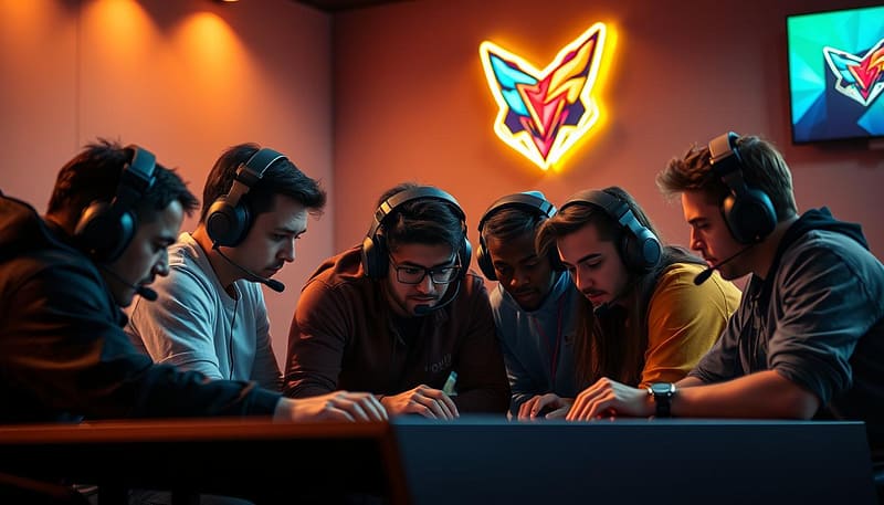 A group of diverse gamers, their faces shielded by stylized, high-tech gaming headsets, huddle intently around a sleek, modern desk. The lighting is warm and dramatic, casting a soft glow on their focused expressions as they strategize their next move. In the background, a wall-mounted display showcases their team's vibrant logo, hinting at the camaraderie and shared purpose that binds them together. The scene exudes a sense of intensity, professionalism, and the thrill of competitive gameplay, capturing the essence of a dedicated gaming team on the path to esports stardom. A group of diverse gamers, their faces shielded by stylized, high-tech gaming headsets, huddle intently around a sleek, modern desk. The lighting is warm and dramatic, casting a soft glow on their focused expressions as they strategize their next move. In the background, a wall-mounted display showcases their team's vibrant logo, hinting at the camaraderie and shared purpose that binds them together. The scene exudes a sense of intensity, professionalism, and the thrill of competitive gameplay, capturing the essence of a dedicated gaming team on the path to esports stardom.