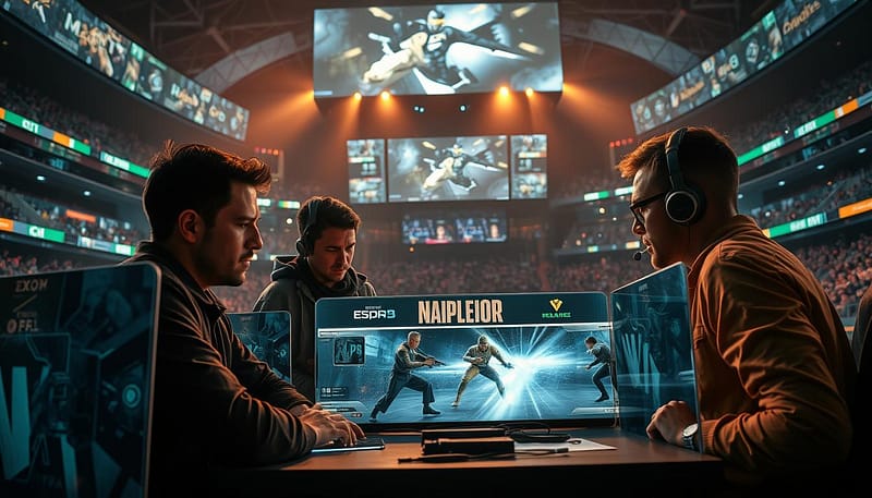 A high-intensity esports match analysis scene, captured through a cinematic lens. In the foreground, a team of gaming analysts intently studying match footage on large holographic displays, their expressions intense as they dissect the players' strategies. In the middle ground, a dramatic MVP highlight reel plays out, showcasing the champion's most spectacular plays - electrifying kills, audacious maneuvers, and game-changing moments. The background is filled with a hyper-realistic virtual stadium, its towering screens and LED-lit spectator stands creating an immersive, high-tech atmosphere. Moody, dramatic lighting casts dynamic shadows, heightening the tension and excitement of the unfolding analysis. A high-intensity esports match analysis scene, captured through a cinematic lens. In the foreground, a team of gaming analysts intently studying match footage on large holographic displays, their expressions intense as they dissect the players' strategies. In the middle ground, a dramatic MVP highlight reel plays out, showcasing the champion's most spectacular plays - electrifying kills, audacious maneuvers, and game-changing moments. The background is filled with a hyper-realistic virtual stadium, its towering screens and LED-lit spectator stands creating an immersive, high-tech atmosphere. Moody, dramatic lighting casts dynamic shadows, heightening the tension and excitement of the unfolding analysis.