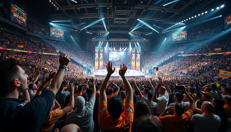 A packed stadium buzzes with electricity, fans erupting in a frenzy as the League of Legends championship finale unfolds on the massive central stage. Close-up shots capture the faces of spectators, their expressions a captivating mix of joy, tension, and disbelief. In the middle ground, spectators leap from their seats, arms raised high, cheering thunderously as the action on the screen intensifies. The background is a sea of brightly colored jerseys, flags, and banners waving passionately, creating a vibrant, immersive atmosphere. Dramatic, cinematic lighting casts dramatic shadows, heightening the suspense and drama of this pivotal moment in the tournament. A packed stadium buzzes with electricity, fans erupting in a frenzy as the League of Legends championship finale unfolds on the massive central stage. Close-up shots capture the faces of spectators, their expressions a captivating mix of joy, tension, and disbelief. In the middle ground, spectators leap from their seats, arms raised high, cheering thunderously as the action on the screen intensifies. The background is a sea of brightly colored jerseys, flags, and banners waving passionately, creating a vibrant, immersive atmosphere. Dramatic, cinematic lighting casts dramatic shadows, heightening the suspense and drama of this pivotal moment in the tournament.