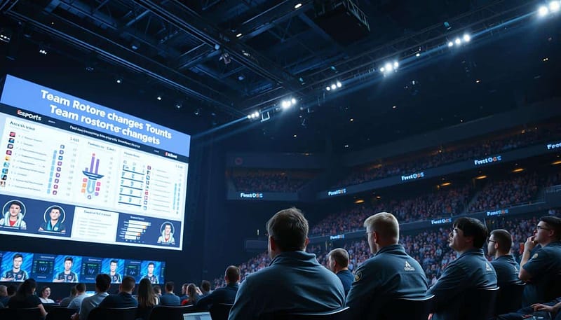 A well-lit, expansive esports arena with a large LED display showcasing a comprehensive analysis of recent team roster changes. In the foreground, data visualizations and player headshots are artfully arranged, conveying the significant shifts and impacts on the competitive landscape. The middle ground features a group of esports commentators discussing the implications, their expressions thoughtful and engaged. In the background, a dimly lit audience watches intently, the atmosphere charged with anticipation. The scene is captured with a cinematic wide-angle lens, creating a sense of scale and importance befitting the topic of a major esports market shift. A well-lit, expansive esports arena with a large LED display showcasing a comprehensive analysis of recent team roster changes. In the foreground, data visualizations and player headshots are artfully arranged, conveying the significant shifts and impacts on the competitive landscape. The middle ground features a group of esports commentators discussing the implications, their expressions thoughtful and engaged. In the background, a dimly lit audience watches intently, the atmosphere charged with anticipation. The scene is captured with a cinematic wide-angle lens, creating a sense of scale and importance befitting the topic of a major esports market shift.