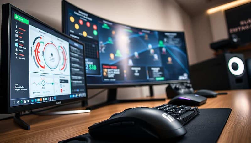 A close-up view of a gaming desktop setup, featuring an array of high-end gaming peripherals, including a state-of-the-art gaming mouse, mechanical keyboard, and a sleek, minimalist monitor. In the background, a large, curved display showcases intricate esports strategies, with colorful diagrams, data visualizations, and player positioning overlays. The lighting is soft and indirect, creating a focused, contemplative atmosphere. The overall composition emphasizes the intersection of advanced technology, strategic thinking, and the world of competitive gaming. A close-up view of a gaming desktop setup, featuring an array of high-end gaming peripherals, including a state-of-the-art gaming mouse, mechanical keyboard, and a sleek, minimalist monitor. In the background, a large, curved display showcases intricate esports strategies, with colorful diagrams, data visualizations, and player positioning overlays. The lighting is soft and indirect, creating a focused, contemplative atmosphere. The overall composition emphasizes the intersection of advanced technology, strategic thinking, and the world of competitive gaming.