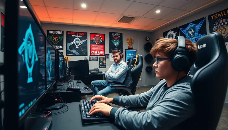 A dedicated esports training room with gaming PCs, gaming chairs, and high-quality peripherals. In the foreground, a player intensely focused on their monitor, fingers flying across the keyboard and mouse. The middle ground features a coach observing the player's performance, occasionally offering guidance. The background showcases motivational posters, team logos, and trophies, creating an atmosphere of competitive drive and passion for the game. Diffused overhead lighting casts a warm, focused glow, while the camera angle captures the intensity and dedication of the esports practice routine. A dedicated esports training room with gaming PCs, gaming chairs, and high-quality peripherals. In the foreground, a player intensely focused on their monitor, fingers flying across the keyboard and mouse. The middle ground features a coach observing the player's performance, occasionally offering guidance. The background showcases motivational posters, team logos, and trophies, creating an atmosphere of competitive drive and passion for the game. Diffused overhead lighting casts a warm, focused glow, while the camera angle captures the intensity and dedication of the esports practice routine.