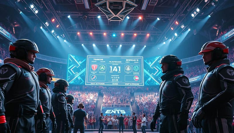 A dynamic esports arena, dimly lit with neon highlights, showcases the ultimate clash of superteams. In the foreground, larger-than-life players in sleek, futuristic gear stand tall, their expressions intense as they prepare for the epic showdown. The middle ground features a massive holographic scoreboard displaying team logos and statistics, while the background is filled with a packed audience, their cheers and excitement palpable. The scene exudes a sense of high-stakes competition, technological innovation, and the sheer power of elite esports teams coming together to prove their dominance. A dynamic esports arena, dimly lit with neon highlights, showcases the ultimate clash of superteams. In the foreground, larger-than-life players in sleek, futuristic gear stand tall, their expressions intense as they prepare for the epic showdown. The middle ground features a massive holographic scoreboard displaying team logos and statistics, while the background is filled with a packed audience, their cheers and excitement palpable. The scene exudes a sense of high-stakes competition, technological innovation, and the sheer power of elite esports teams coming together to prove their dominance.
