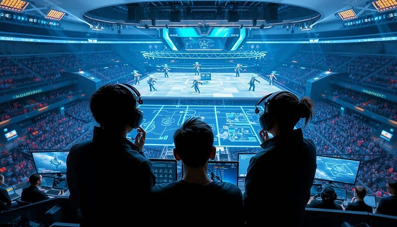 A high-stakes esports matchup, with players strategizing on a multi-layered digital battlefield. In the foreground, team members huddle, studying holographic projections of enemy formations and tactics. The middle ground depicts advanced hardware and interfaces, data streams flowing across sleek displays. The background reveals a vast, futuristic arena, spectators watching intently as the teams plan their counter-offensive. Dramatic lighting casts an intense, determined mood, while a low camera angle emphasizes the scale and intensity of the strategic deliberations. This image captures the essence of "Analyzing the Opposition" - the critical phase where top esports teams outsmart their rivals to gain the upper hand. A high-stakes esports matchup, with players strategizing on a multi-layered digital battlefield. In the foreground, team members huddle, studying holographic projections of enemy formations and tactics. The middle ground depicts advanced hardware and interfaces, data streams flowing across sleek displays. The background reveals a vast, futuristic arena, spectators watching intently as the teams plan their counter-offensive. Dramatic lighting casts an intense, determined mood, while a low camera angle emphasizes the scale and intensity of the strategic deliberations. This image captures the essence of "Analyzing the Opposition" - the critical phase where top esports teams outsmart their rivals to gain the upper hand.
