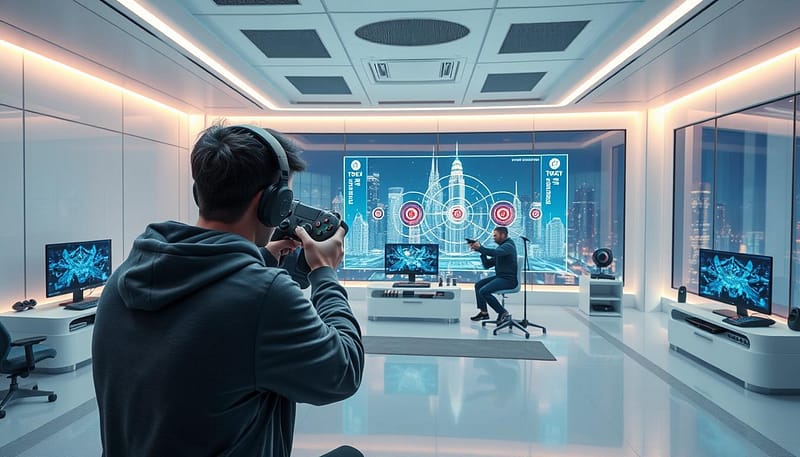 A highly detailed, hyper-realistic 3D rendering of a professional esports player performing target practice drills in a sleek, futuristic training facility. The player is shown in the foreground, tightly gripping a high-tech gaming controller as they expertly track and eliminate virtual targets that appear across a large holographic display. The middle ground features an array of cutting-edge gaming peripherals, monitors, and other state-of-the-art equipment. The background showcases the immaculate, minimalist architecture of the training space, with large windows offering a view of a vibrant, neon-lit cityscape at night. The scene is illuminated by cool, directional lighting that casts dramatic shadows, heightening the intensity and precision of the gameplay. A highly detailed, hyper-realistic 3D rendering of a professional esports player performing target practice drills in a sleek, futuristic training facility. The player is shown in the foreground, tightly gripping a high-tech gaming controller as they expertly track and eliminate virtual targets that appear across a large holographic display. The middle ground features an array of cutting-edge gaming peripherals, monitors, and other state-of-the-art equipment. The background showcases the immaculate, minimalist architecture of the training space, with large windows offering a view of a vibrant, neon-lit cityscape at night. The scene is illuminated by cool, directional lighting that casts dramatic shadows, heightening the intensity and precision of the gameplay.