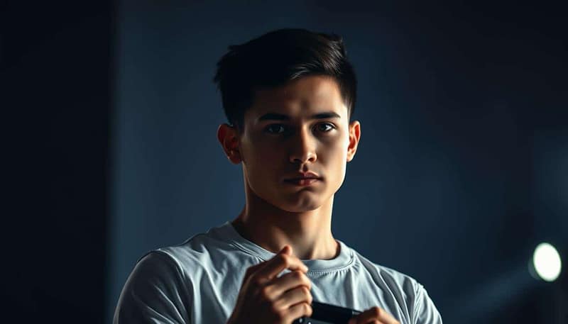 A professional esports athlete stands tall, their gaze unwavering and determined. The background blurs, highlighting their mental focus and resilience. Subtle lighting casts dramatic shadows, conveying the intensity of the moment. Their hands grip a gaming controller, symbolizing the fusion of physical and mental prowess. The scene exudes a sense of confidence, discipline, and the ability to overcome challenges, capturing the essence of mental resilience required in the dynamic world of esports. A professional esports athlete stands tall, their gaze unwavering and determined. The background blurs, highlighting their mental focus and resilience. Subtle lighting casts dramatic shadows, conveying the intensity of the moment. Their hands grip a gaming controller, symbolizing the fusion of physical and mental prowess. The scene exudes a sense of confidence, discipline, and the ability to overcome challenges, capturing the essence of mental resilience required in the dynamic world of esports.