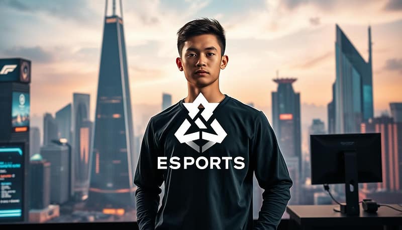 A professional esports player standing confidently, their gaming setup visible in the foreground. In the middle ground, a minimalist branding design featuring a stylized logo and complementary color scheme. The background showcases a dynamic, futuristic cityscape with towering skyscrapers and holographic displays, conveying the high-tech and forward-thinking nature of the esports industry. Soft, directional lighting casts dramatic shadows, highlighting the player's determined expression. The overall atmosphere exudes a sense of ambition, innovation, and the pursuit of excellence in the world of competitive gaming. A professional esports player standing confidently, their gaming setup visible in the foreground. In the middle ground, a minimalist branding design featuring a stylized logo and complementary color scheme. The background showcases a dynamic, futuristic cityscape with towering skyscrapers and holographic displays, conveying the high-tech and forward-thinking nature of the esports industry. Soft, directional lighting casts dramatic shadows, highlighting the player's determined expression. The overall atmosphere exudes a sense of ambition, innovation, and the pursuit of excellence in the world of competitive gaming.