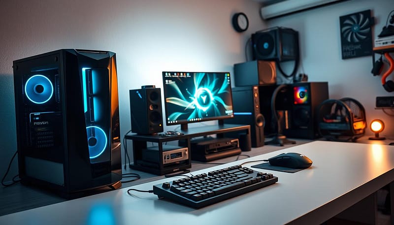 A well-lit workstation showcases an array of cutting-edge esports gaming hardware. In the foreground, a high-performance gaming PC with state-of-the-art components gleams under soft, directional lighting. Beside it, a premium gaming mouse and keyboard sit atop a sleek, minimalist desk. In the middle ground, a large, high-refresh-rate gaming monitor displays vivid, responsive visuals. The background features neatly organized cables, cooling systems, and other peripherals, all meticulously optimized for maximum performance and efficiency. The overall scene conveys a sense of professionalism, attention to detail, and a dedication to leveraging the best technology for competitive gaming success. A well-lit workstation showcases an array of cutting-edge esports gaming hardware. In the foreground, a high-performance gaming PC with state-of-the-art components gleams under soft, directional lighting. Beside it, a premium gaming mouse and keyboard sit atop a sleek, minimalist desk. In the middle ground, a large, high-refresh-rate gaming monitor displays vivid, responsive visuals. The background features neatly organized cables, cooling systems, and other peripherals, all meticulously optimized for maximum performance and efficiency. The overall scene conveys a sense of professionalism, attention to detail, and a dedication to leveraging the best technology for competitive gaming success.