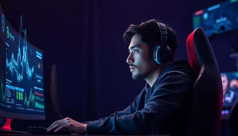 A professional esports player seated at a desk, deep in thought, surrounded by holographic displays showcasing game data and strategic analysis. Soft, directional lighting from above illuminates the focused expression on their face, casting subtle shadows that accentuate their features. The background is a dimly lit gaming setup, with sleek, high-tech equipment and peripherals. The overall mood is one of intense concentration and intellectual engagement, capturing the essence of an esports champion's strategic game knowledge. A professional esports player seated at a desk, deep in thought, surrounded by holographic displays showcasing game data and strategic analysis. Soft, directional lighting from above illuminates the focused expression on their face, casting subtle shadows that accentuate their features. The background is a dimly lit gaming setup, with sleek, high-tech equipment and peripherals. The overall mood is one of intense concentration and intellectual engagement, capturing the essence of an esports champion's strategic game knowledge.