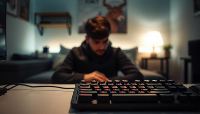 A serene gaming setup with a player deeply immersed in thought, surrounded by a subtle glow. In the foreground, a pro-grade gaming headset and a tactile keyboard rest on a minimalist desk, conveying a sense of focus and dedication. The middle ground features the player, their face partially obscured, expression pensive as they mentally prepare for the upcoming match. The background depicts a dimly lit, cozy room, with soft ambient lighting casting a calming atmosphere, hinting at the mental discipline and resilience required in the high-stakes world of esports. A serene gaming setup with a player deeply immersed in thought, surrounded by a subtle glow. In the foreground, a pro-grade gaming headset and a tactile keyboard rest on a minimalist desk, conveying a sense of focus and dedication. The middle ground features the player, their face partially obscured, expression pensive as they mentally prepare for the upcoming match. The background depicts a dimly lit, cozy room, with soft ambient lighting casting a calming atmosphere, hinting at the mental discipline and resilience required in the high-stakes world of esports.