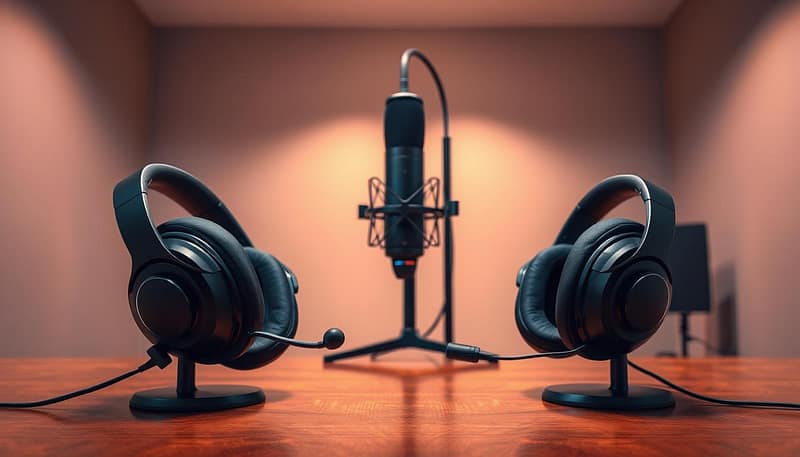 A sleek, professional gaming headset setup with high-quality audio equipment. In the foreground, a pair of over-ear headphones with large earcups and a detachable microphone sit on a polished wooden desk. The headphones have a matte black finish with subtle RGB lighting accents. In the middle ground, a high-end desktop microphone on an adjustable arm stands tall, capturing crystal-clear voice recordings. The background features a minimalist, dimly lit room with soft, warm lighting that creates a focused, competitive atmosphere, ideal for esports training and streaming. A sleek, professional gaming headset setup with high-quality audio equipment. In the foreground, a pair of over-ear headphones with large earcups and a detachable microphone sit on a polished wooden desk. The headphones have a matte black finish with subtle RGB lighting accents. In the middle ground, a high-end desktop microphone on an adjustable arm stands tall, capturing crystal-clear voice recordings. The background features a minimalist, dimly lit room with soft, warm lighting that creates a focused, competitive atmosphere, ideal for esports training and streaming.