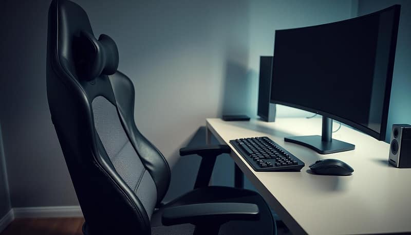 A well-lit close-up shot of an ergonomic gaming chair, desk, and accessories arranged in a thoughtful setup for optimal posture and comfort. The chair features adjustable lumbar support, headrest, and armrests. The desk has a clean, minimalist design with a large, slightly tilted monitor, a mechanical keyboard with wrist rest, and a high-precision gaming mouse. Soft, indirect lighting creates a tranquil, focused atmosphere. The overall scene conveys a sense of professionalism and attention to detail essential for prolonged, high-intensity esports sessions. A well-lit close-up shot of an ergonomic gaming chair, desk, and accessories arranged in a thoughtful setup for optimal posture and comfort. The chair features adjustable lumbar support, headrest, and armrests. The desk has a clean, minimalist design with a large, slightly tilted monitor, a mechanical keyboard with wrist rest, and a high-precision gaming mouse. Soft, indirect lighting creates a tranquil, focused atmosphere. The overall scene conveys a sense of professionalism and attention to detail essential for prolonged, high-intensity esports sessions.