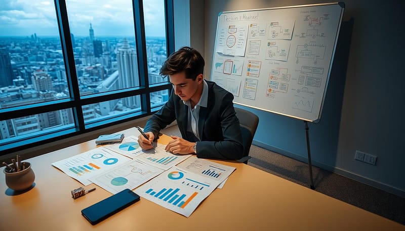 A well-lit, thoughtful decision-making analysis scene. In the foreground, a person sits at a desk, pen in hand, carefully studying charts and graphs spread out before them. The middle ground features a whiteboard filled with colorful diagrams and flow charts, conveying the analytical process. The background showcases a large window overlooking a cityscape, providing a sense of scale and context. The lighting is soft and natural, creating a contemplative atmosphere. The camera angle is slightly elevated, giving a birds-eye view of the scene and emphasizing the deliberative nature of the decision-making. A well-lit, thoughtful decision-making analysis scene. In the foreground, a person sits at a desk, pen in hand, carefully studying charts and graphs spread out before them. The middle ground features a whiteboard filled with colorful diagrams and flow charts, conveying the analytical process. The background showcases a large window overlooking a cityscape, providing a sense of scale and context. The lighting is soft and natural, creating a contemplative atmosphere. The camera angle is slightly elevated, giving a birds-eye view of the scene and emphasizing the deliberative nature of the decision-making.