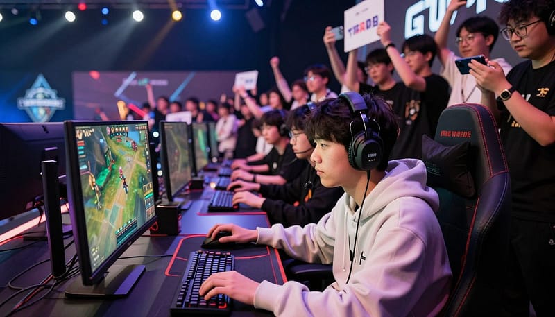 Amateur esports player competing in a local tournament, focusing on the path to professional gaming Amateur esports player competing in a local tournament, focusing on the path to professional gaming